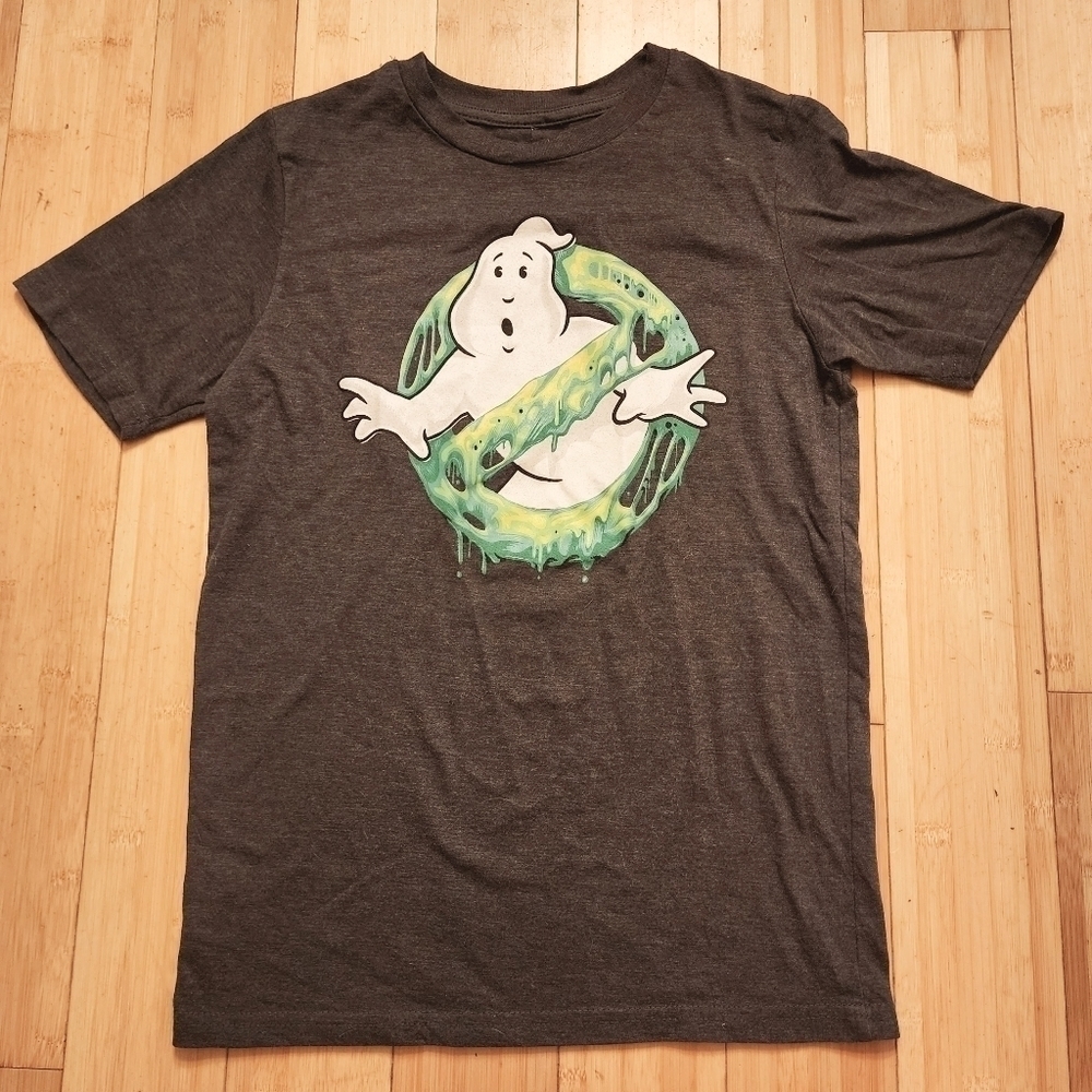 Ghostbusters Boys Large T-shirt Grey Slime 80's Retro Graphic Halloween Tee EUC